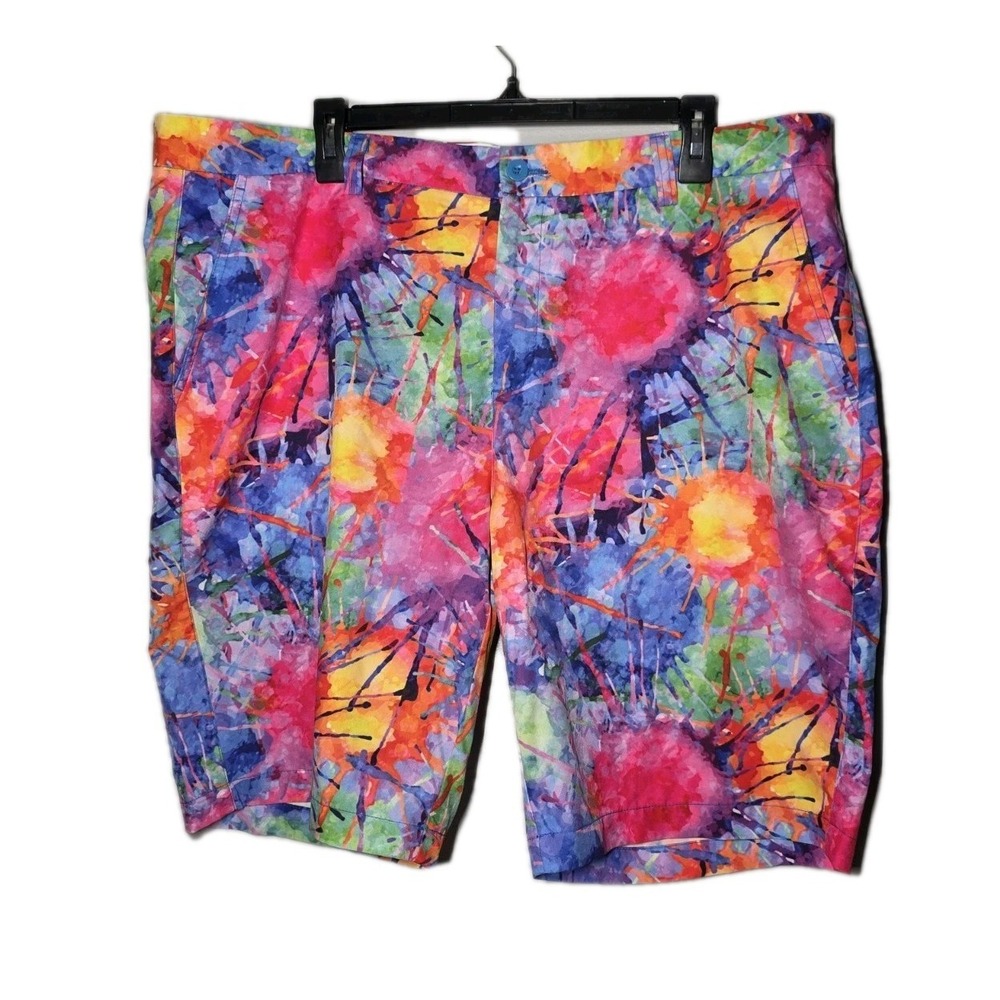 Hreski Golf Shorts Mens 40 All Over Print Chino Paint Splatter Color Explosion